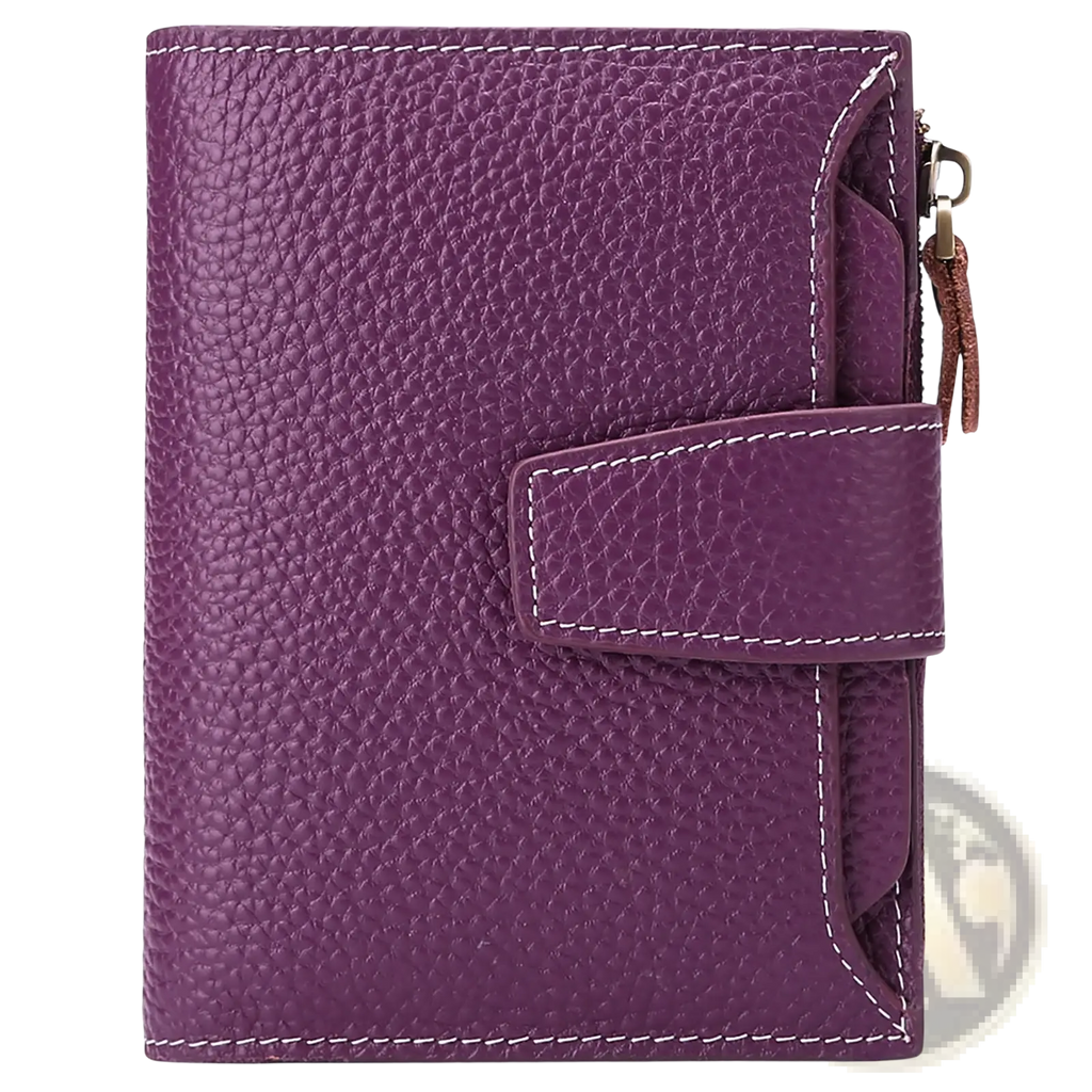 Women’s milled cowhide leather short wallet in purple with textured surface white stitching and zipper closure