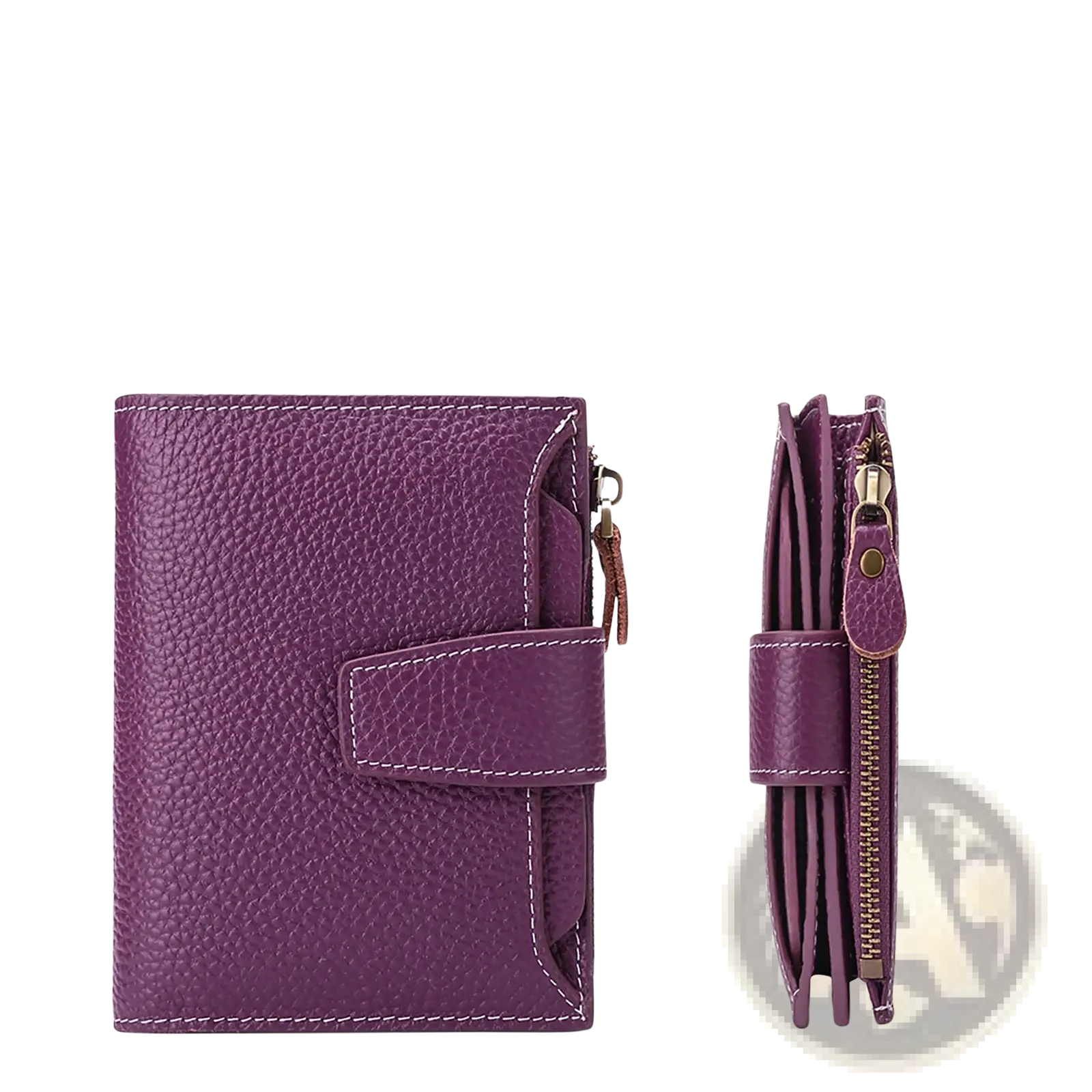 Purple milled cowhide leather short wallet with textured surface zipper closure and white stitching for women