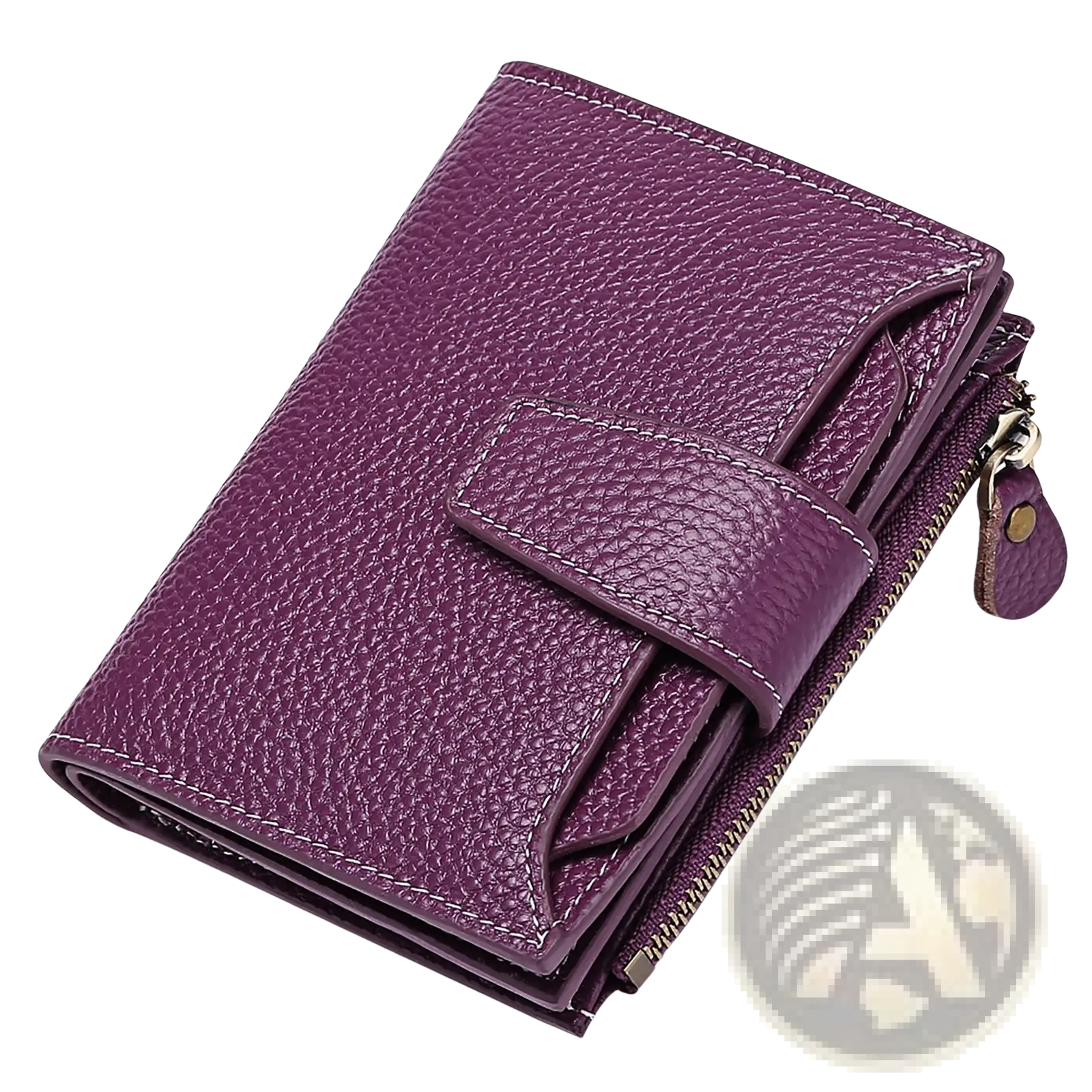 Women’s milled cowhide leather short wallet in purple with textured flap closure and zipper compartment