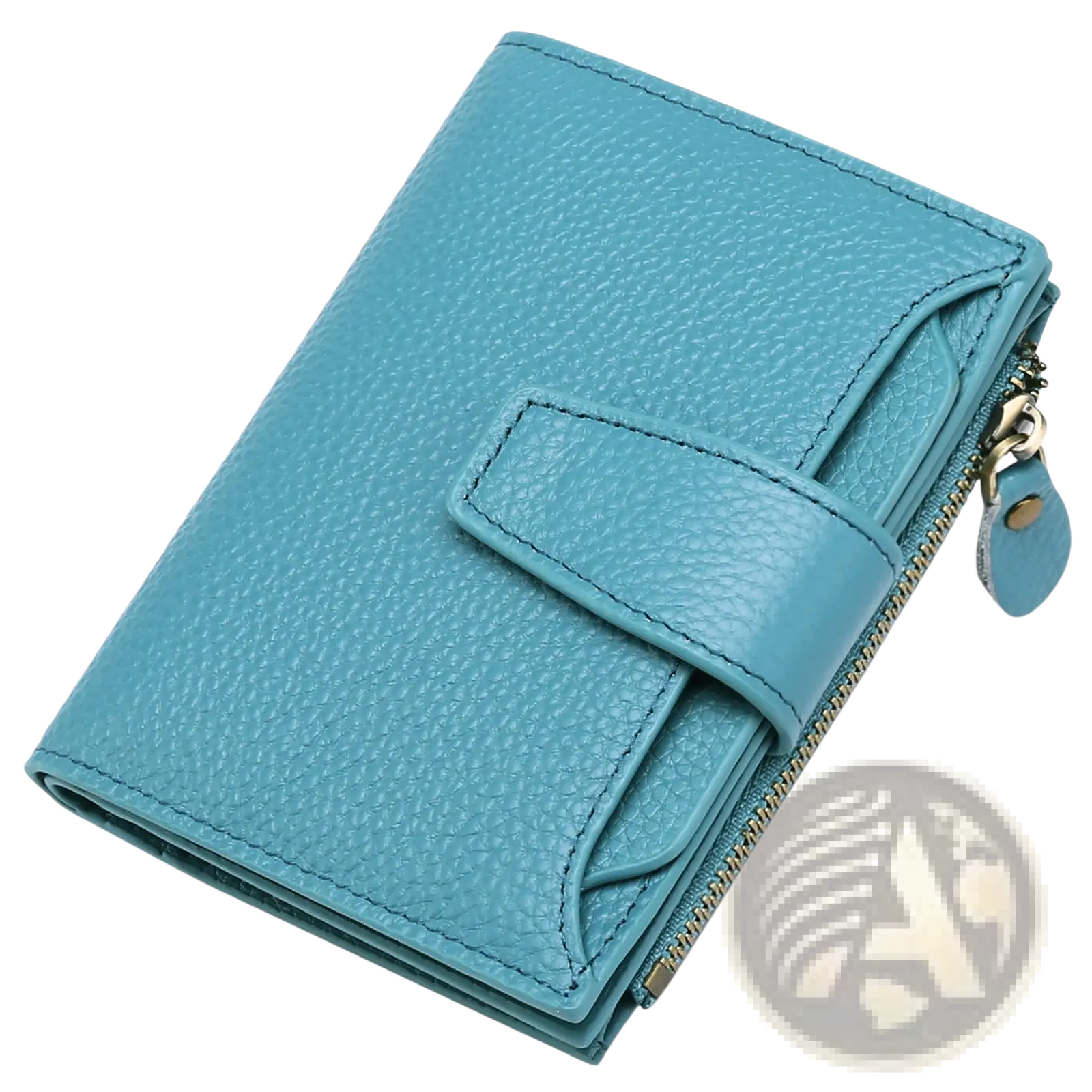 A teal milled cowhide leather short wallet featuring textured leather with flap closure and zipper detail