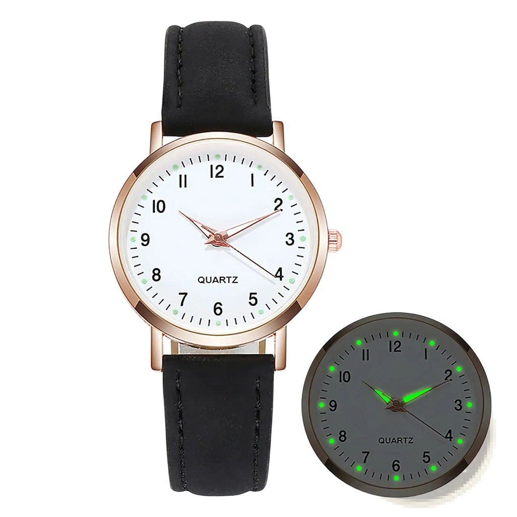 Women’s minimalist luminous quartz leather watch with black leather strap rose gold case and green glowing numerals