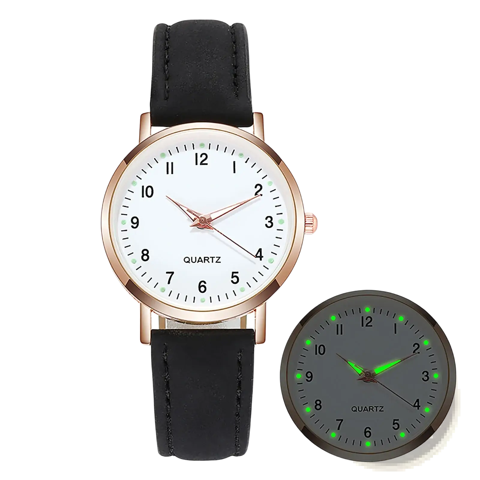 Women’s minimalist luminous quartz leather watch with black leather strap rose gold case and green glowing numerals