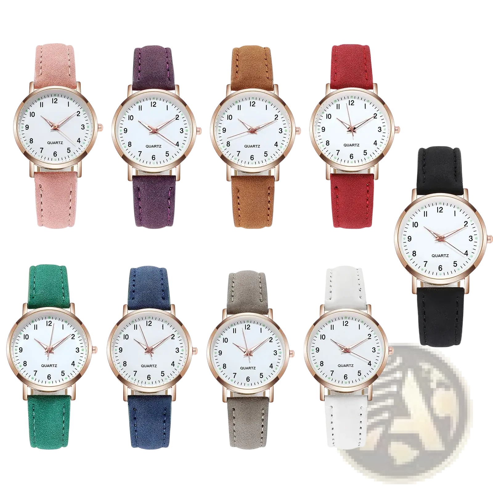 A collection of women’s minimalist luminous quartz leather watches with rose gold cases in multiple strap colors
