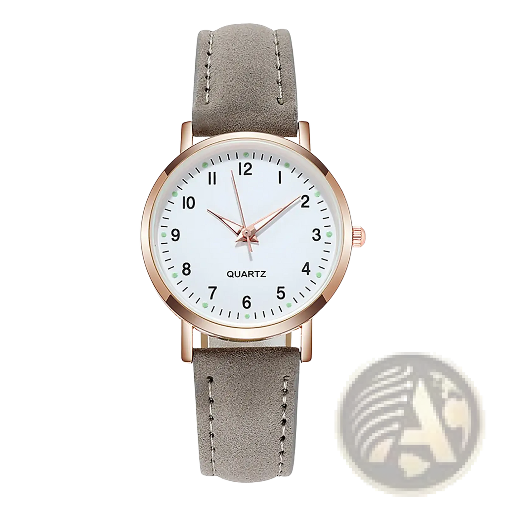 Women’s minimalist luminous quartz leather watch in rose gold tone with white dial green markers and gray suede strap