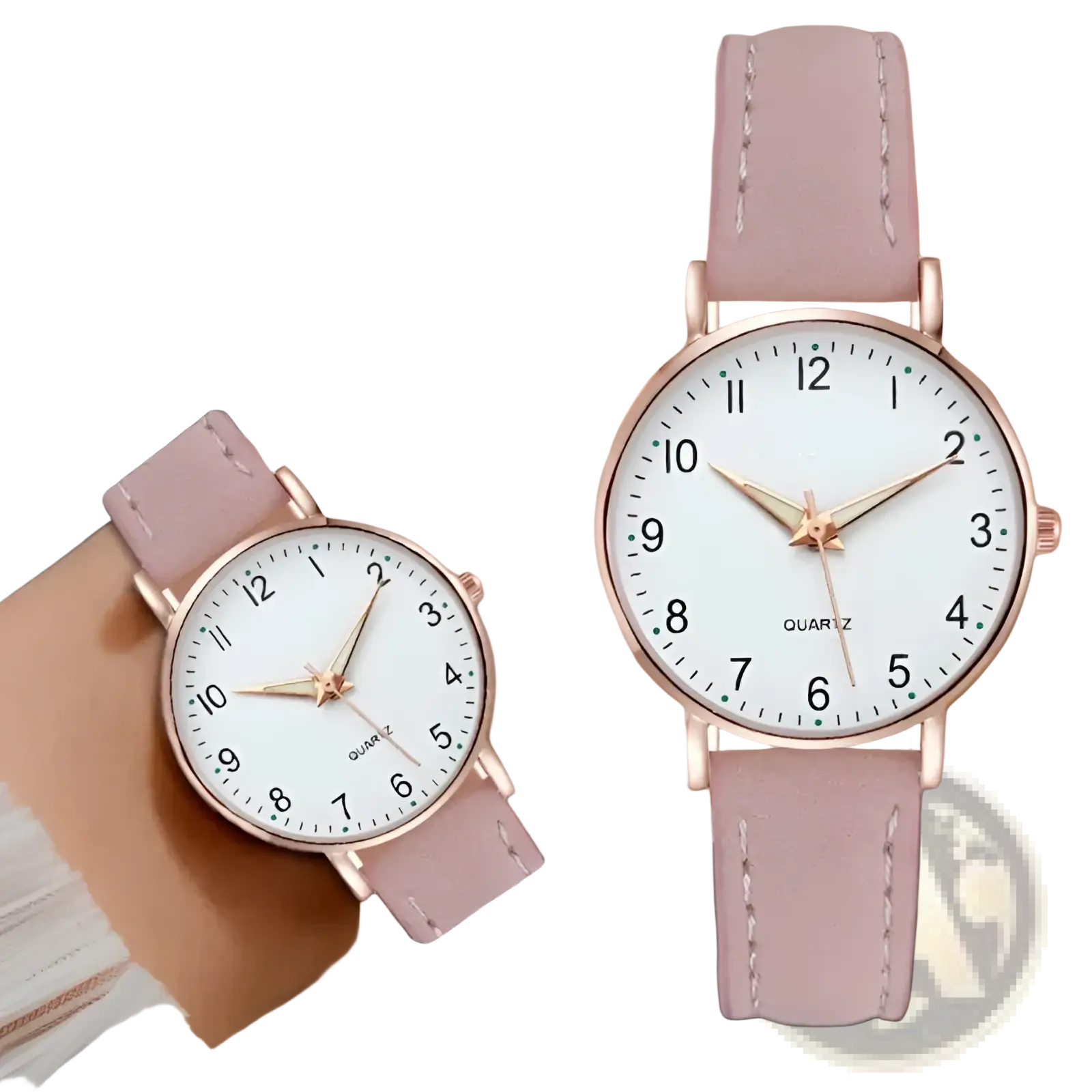 Women’s minimalist luminous quartz leather watch with pink straps rose gold tone cases and white dials