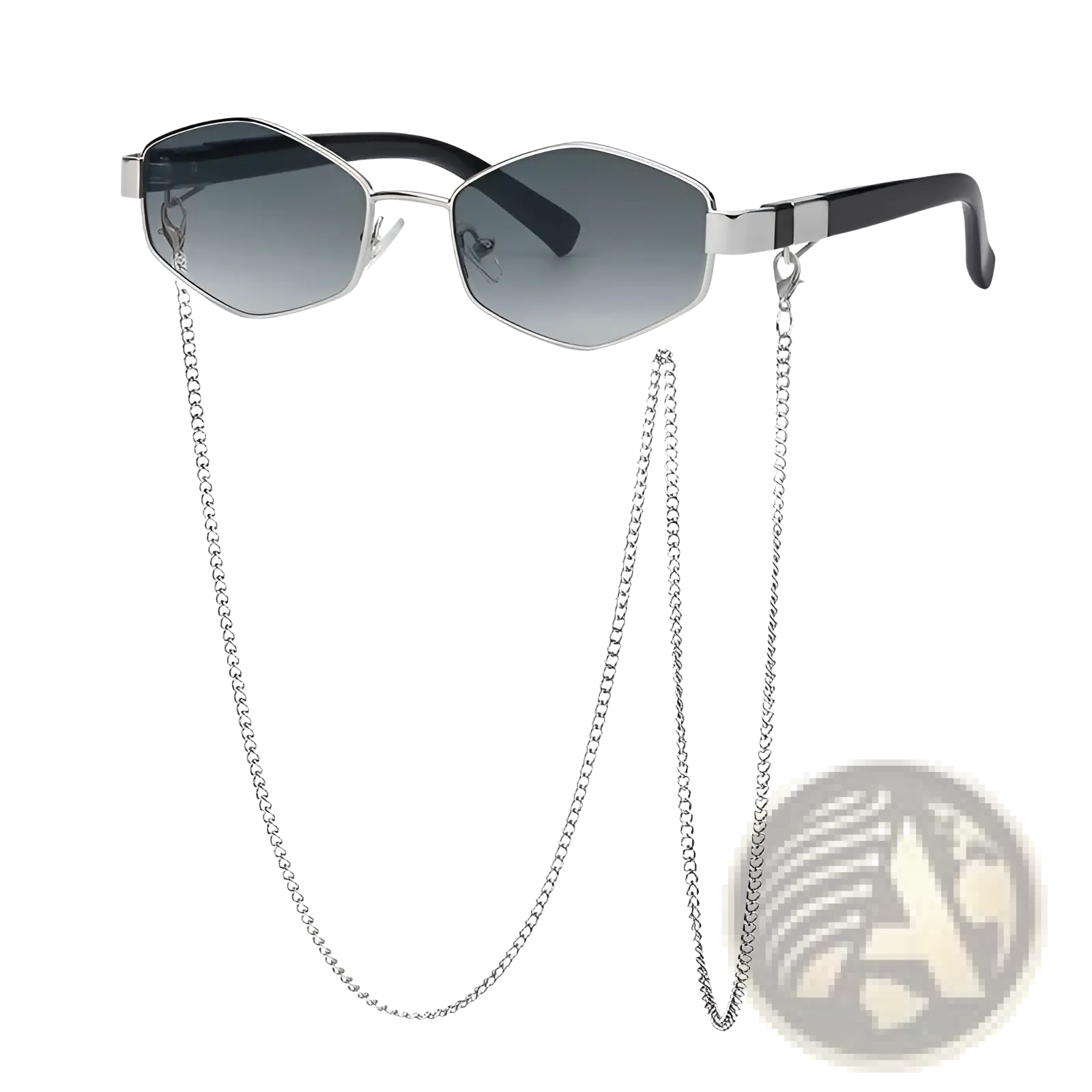 Women’s octagonal silver sunglasses with gradient gray lenses black temple tips and a matching metal chain accent