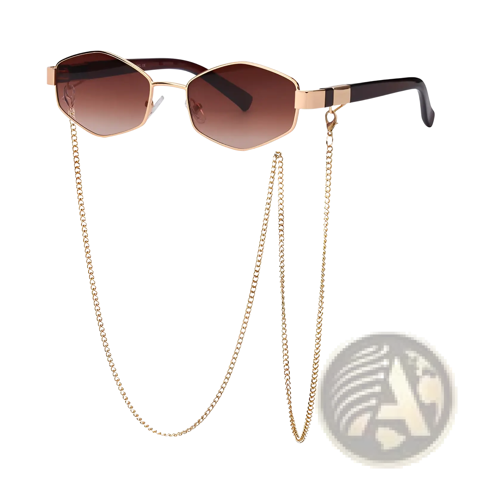 Women’s gold-toned octagonal sunglasses with gradient brown lenses and matching gold chain strap for stylish wear