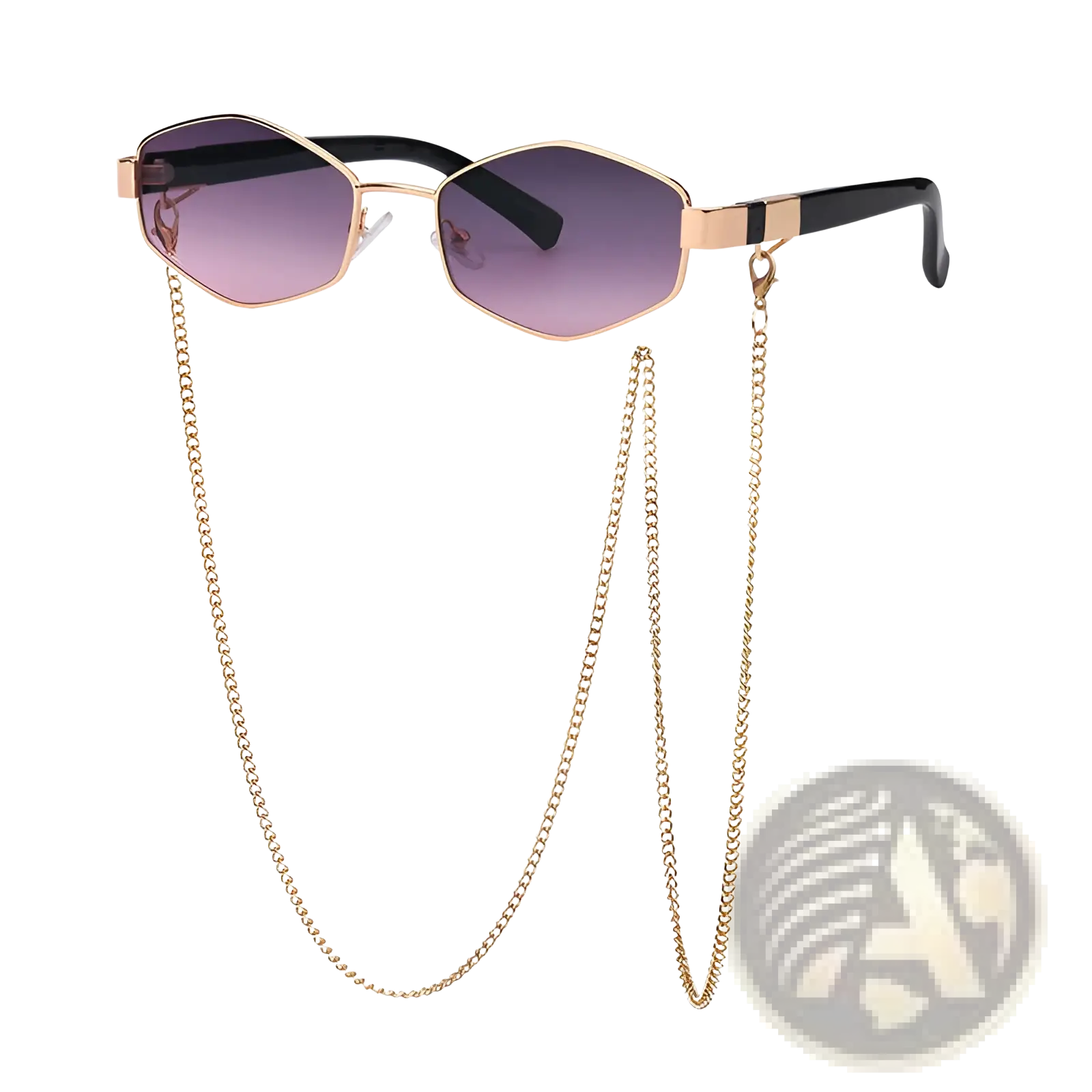 Women’s octagonal sunglasses with gold-tone frame gradient purple lenses black arms and matching gold chain accent