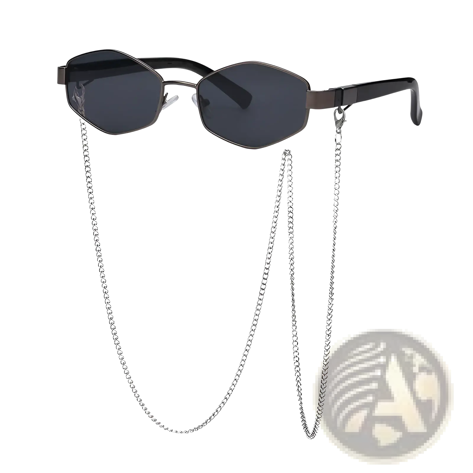 Women’s black octagonal sunglasses with sleek metal frame dark lenses and silver chain strap accent