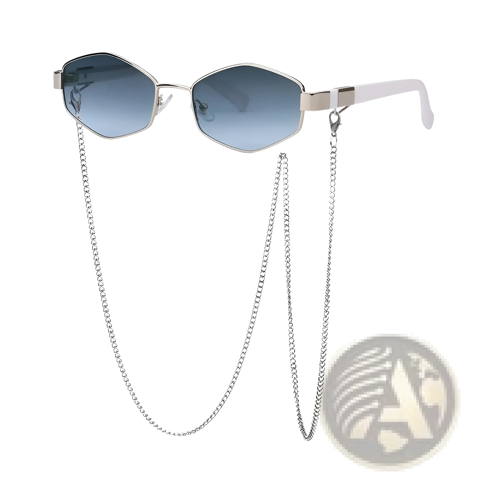 Women’s octagonal sunglasses with silver frames, gradient blue lenses, white temple arms, and chain accent