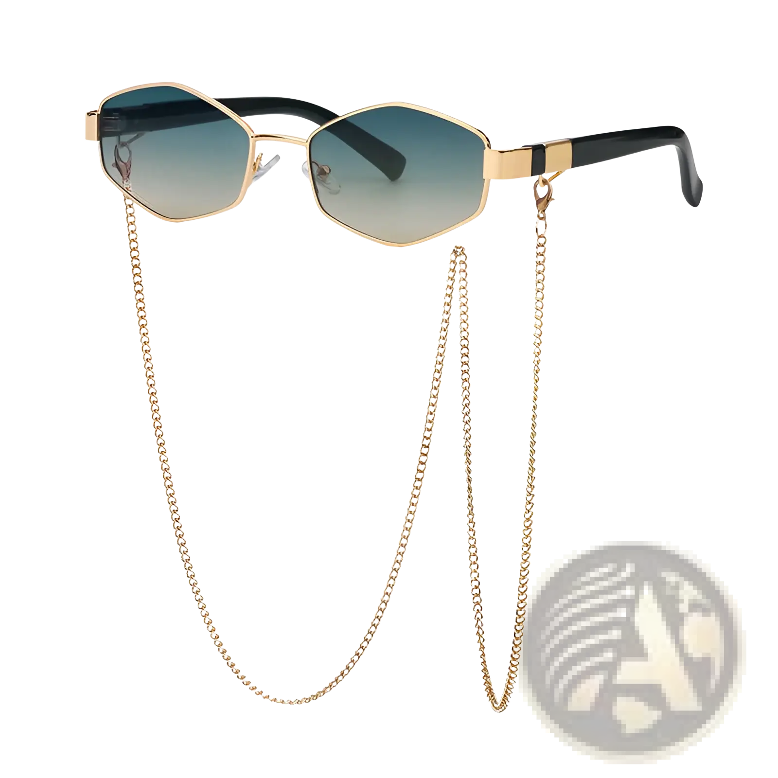 Women’s gold-toned octagonal sunglasses with gradient teal to gray lenses, black temples, and a gold chain accent