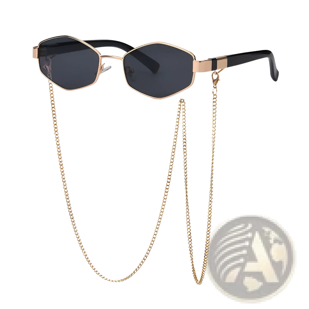 Women’s gold-toned octagonal sunglasses with black lenses and matching gold chain strap for stylish wear