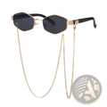 Women’s gold-toned octagonal sunglasses with black lenses and matching gold chain strap for stylish wear