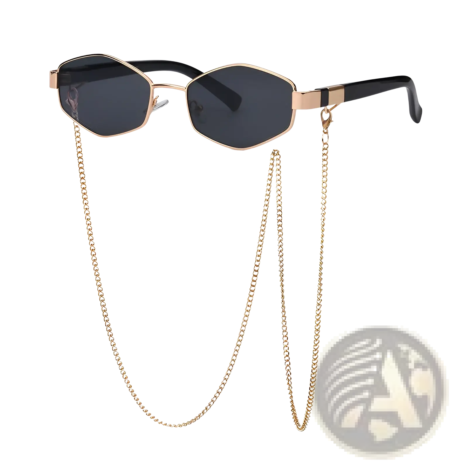 Women’s gold-toned octagonal sunglasses with black lenses and matching gold chain strap for stylish wear
