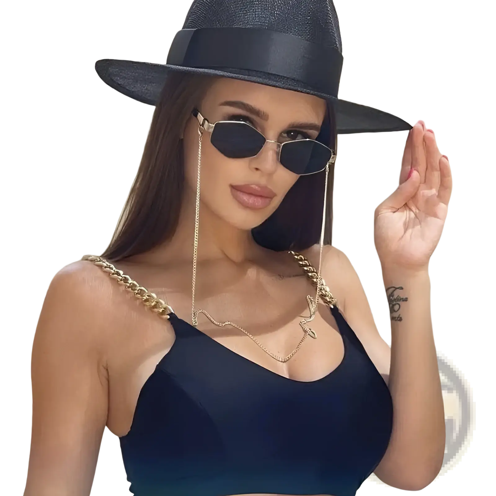 Black fedora hat with wide brim and smooth satin ribbon band complementing women’s octagonal chain accent gradient sunglasses