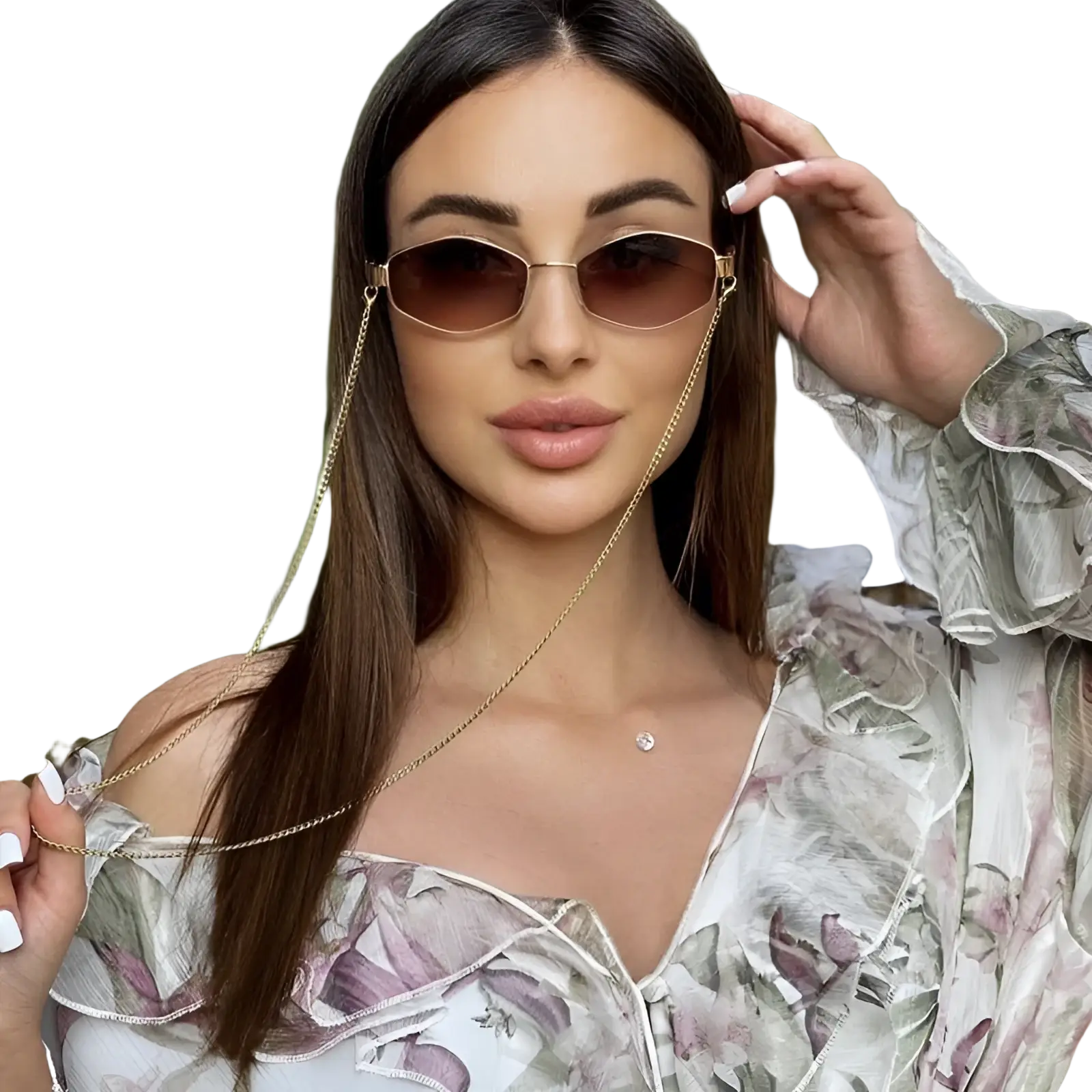 Women’s octagonal gold-rimmed sunglasses with brown gradient lenses and a delicate chain accent strap