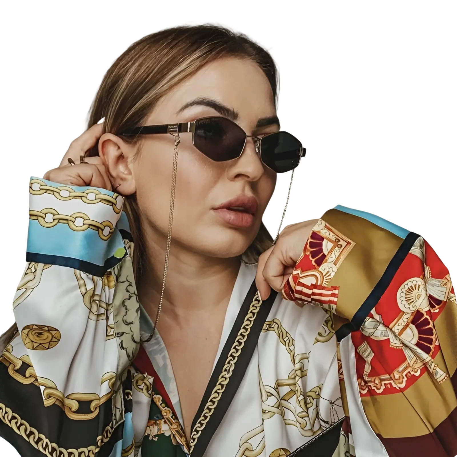 Women’s octagonal sunglasses with dark tinted lenses black frame and gold tone chain accent detailing