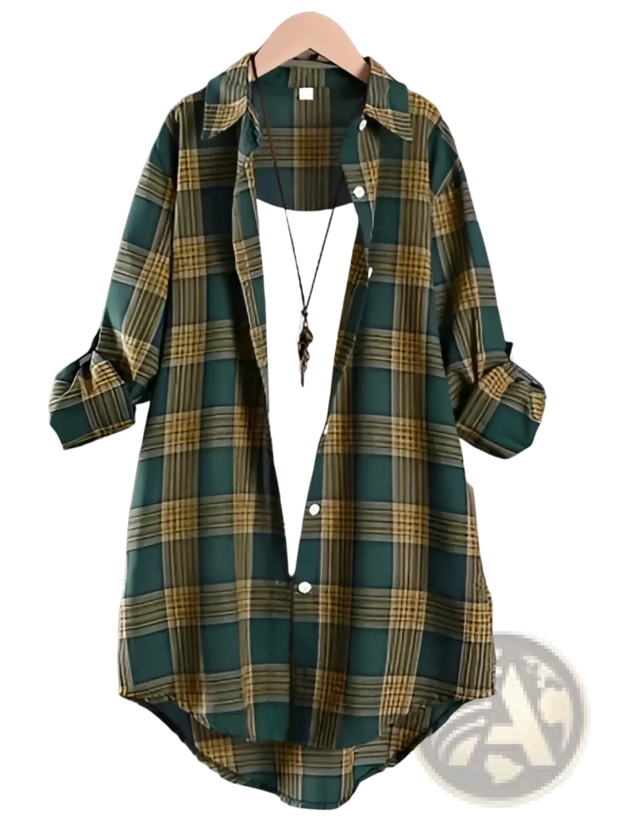 Women’s oversized cotton linen plaid button up shirt jacket in green and yellow with rolled sleeves on wooden hanger