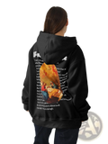 Black oversized women’s hoodie shown from the back featuring a detailed religious illustration and text print