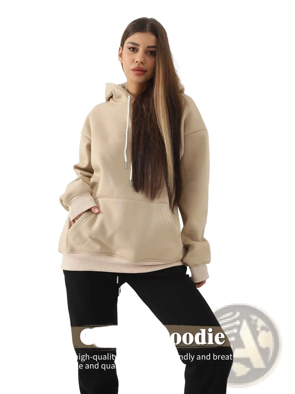 Women’s oversized graphic print art hoodie in beige with white drawstrings and front pockets for casual wear