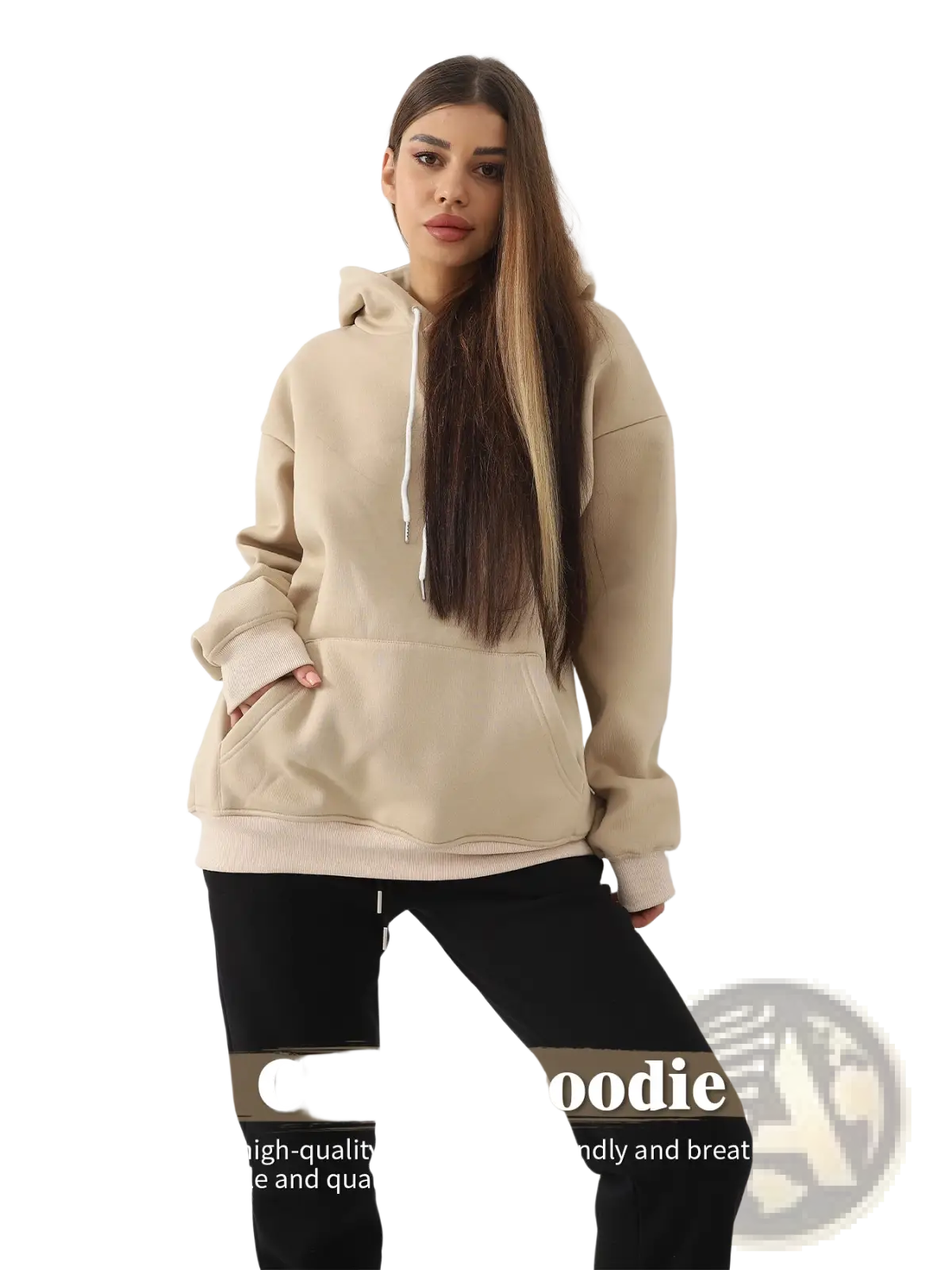 Women’s oversized graphic print art hoodie in beige with white drawstrings and front pockets for casual wear