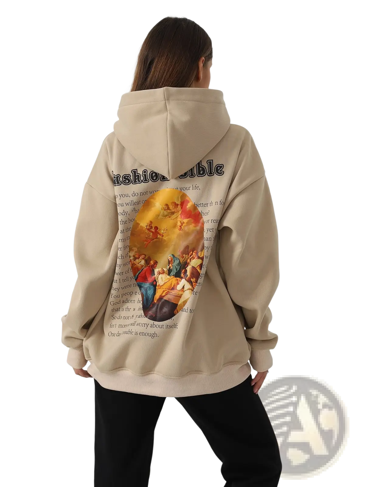 Women’s oversized beige hoodie featuring a detailed classical painting print and accompanying text on soft fabric