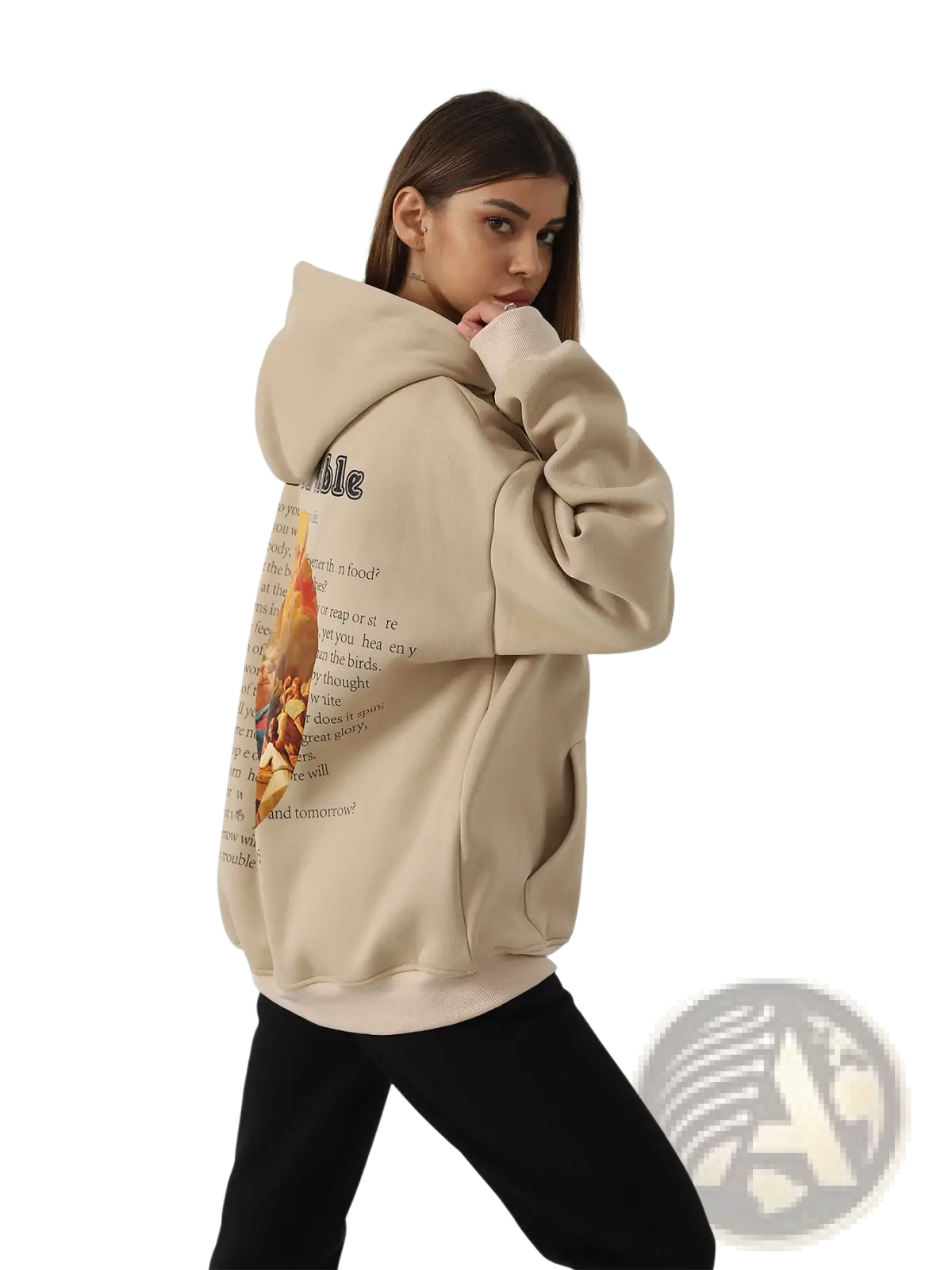 Beige oversized women’s hoodie made of soft material featuring a graphic print with flames and text on the back