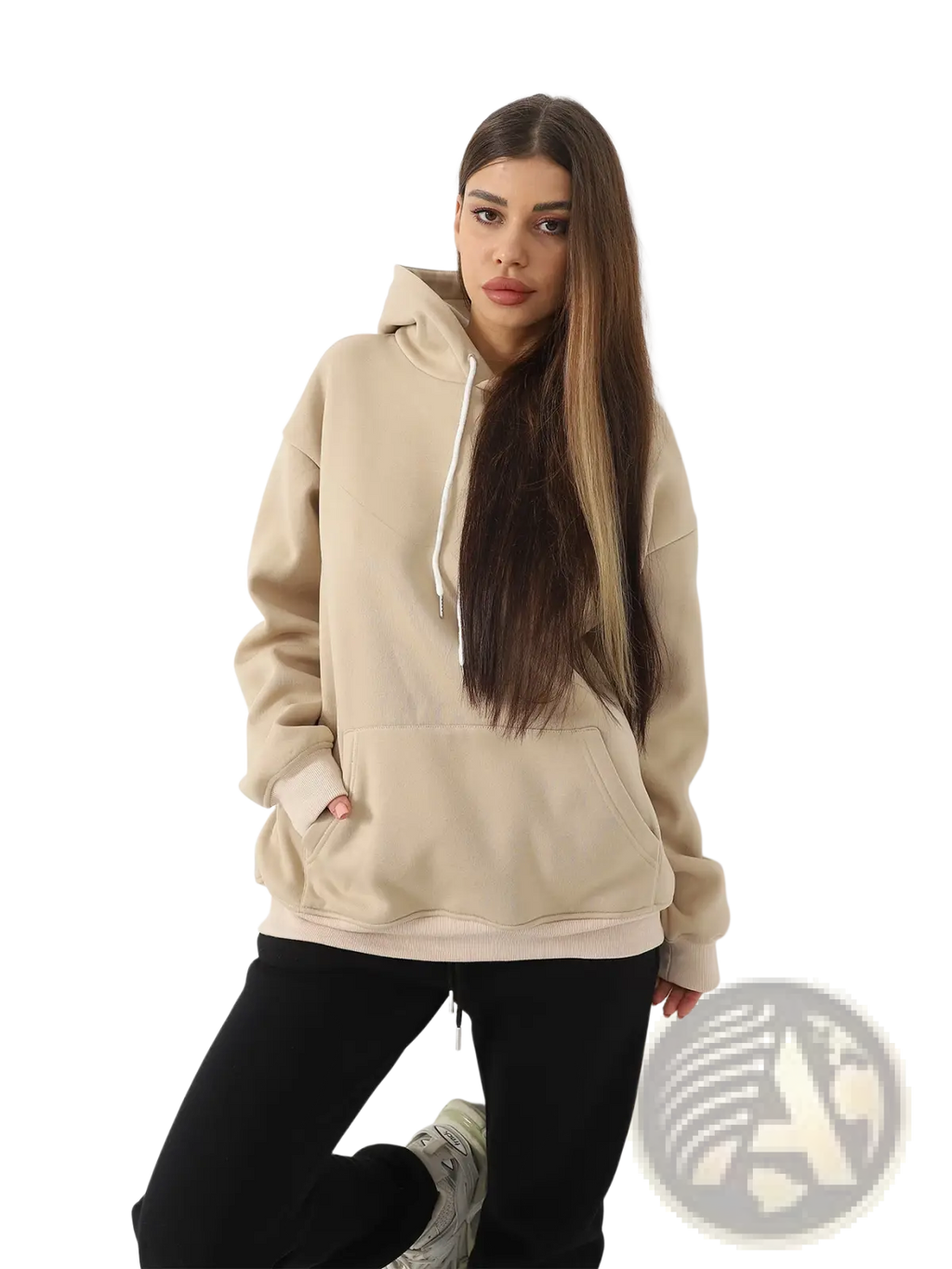 Beige oversized hoodie with white drawstrings and front pockets in women’s graphic print art design