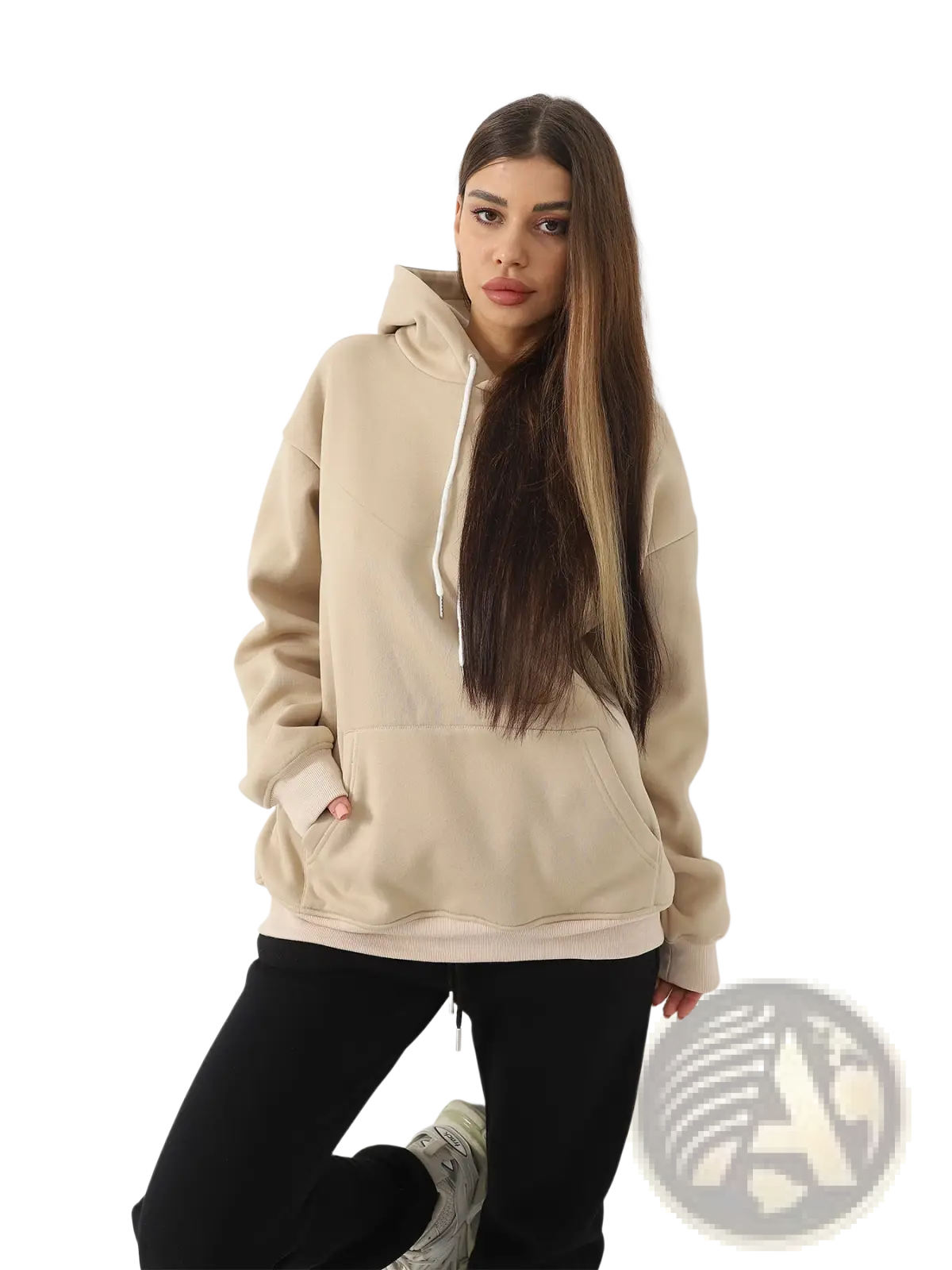 Beige oversized hoodie with white drawstrings and front pockets in women’s graphic print art design