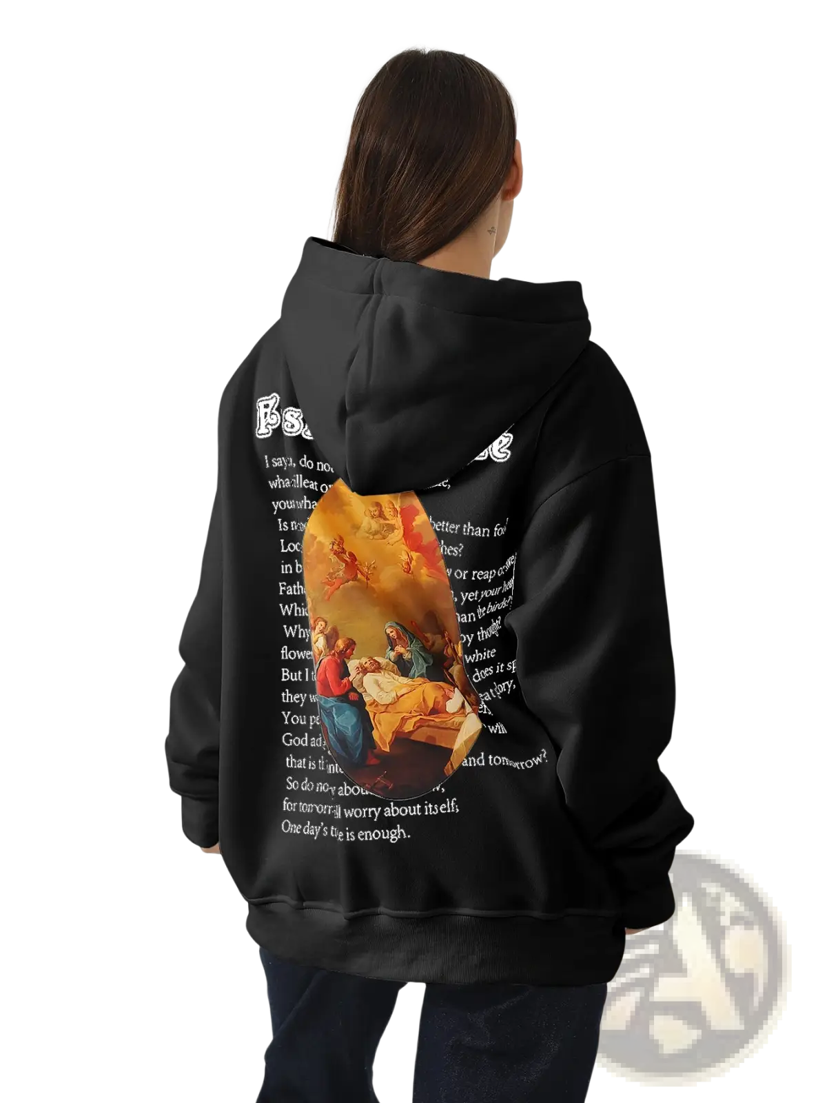 Women’s oversized black hoodie with detailed religious illustration and text printed on the back in graphic art style