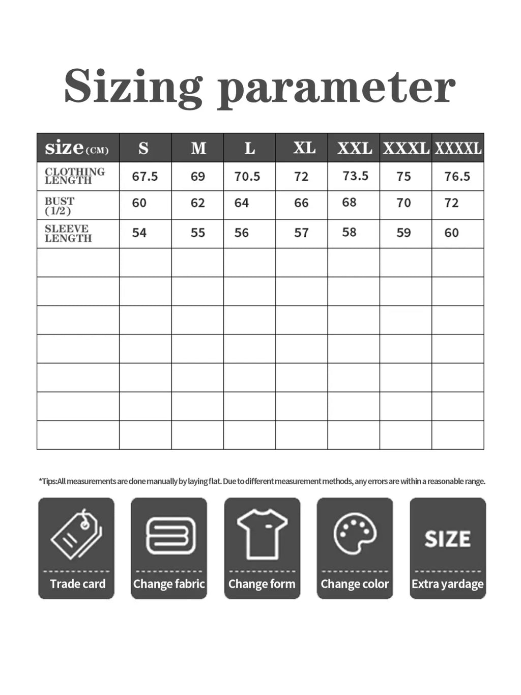 Sizing parameter chart in centimeters for women’s oversized graphic print art hoodie from size s to xxxl