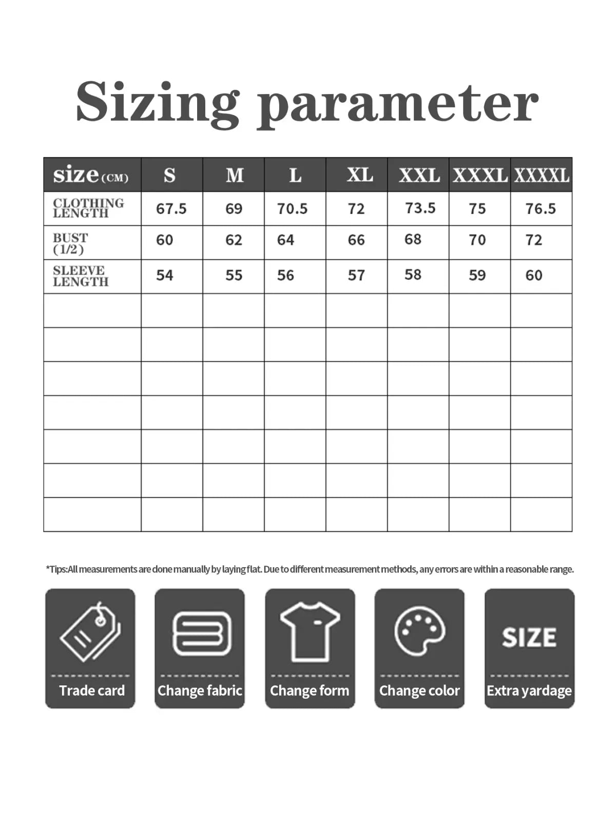 Sizing parameter chart in centimeters for women’s oversized graphic print art hoodie from size s to xxxl