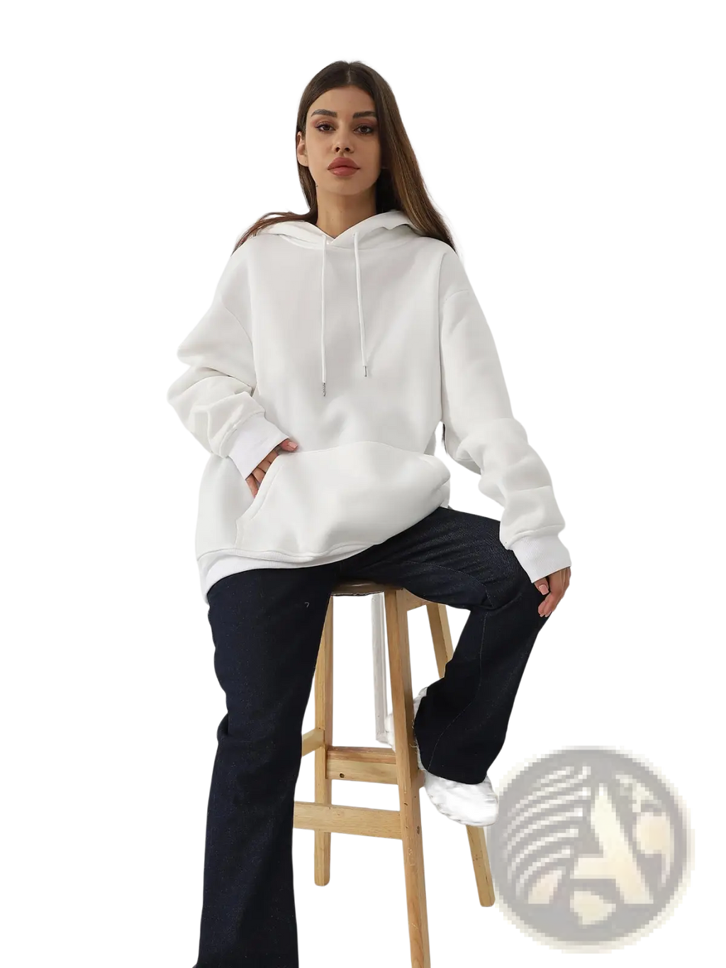 White oversized hoodie for women with drawstrings and front pocket featuring graphic print art design