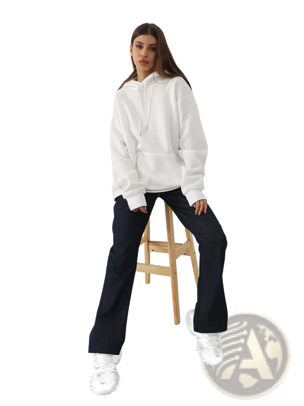 White oversized cotton hoodie for women featuring a drawstring hood and front pocket in graphic print art style