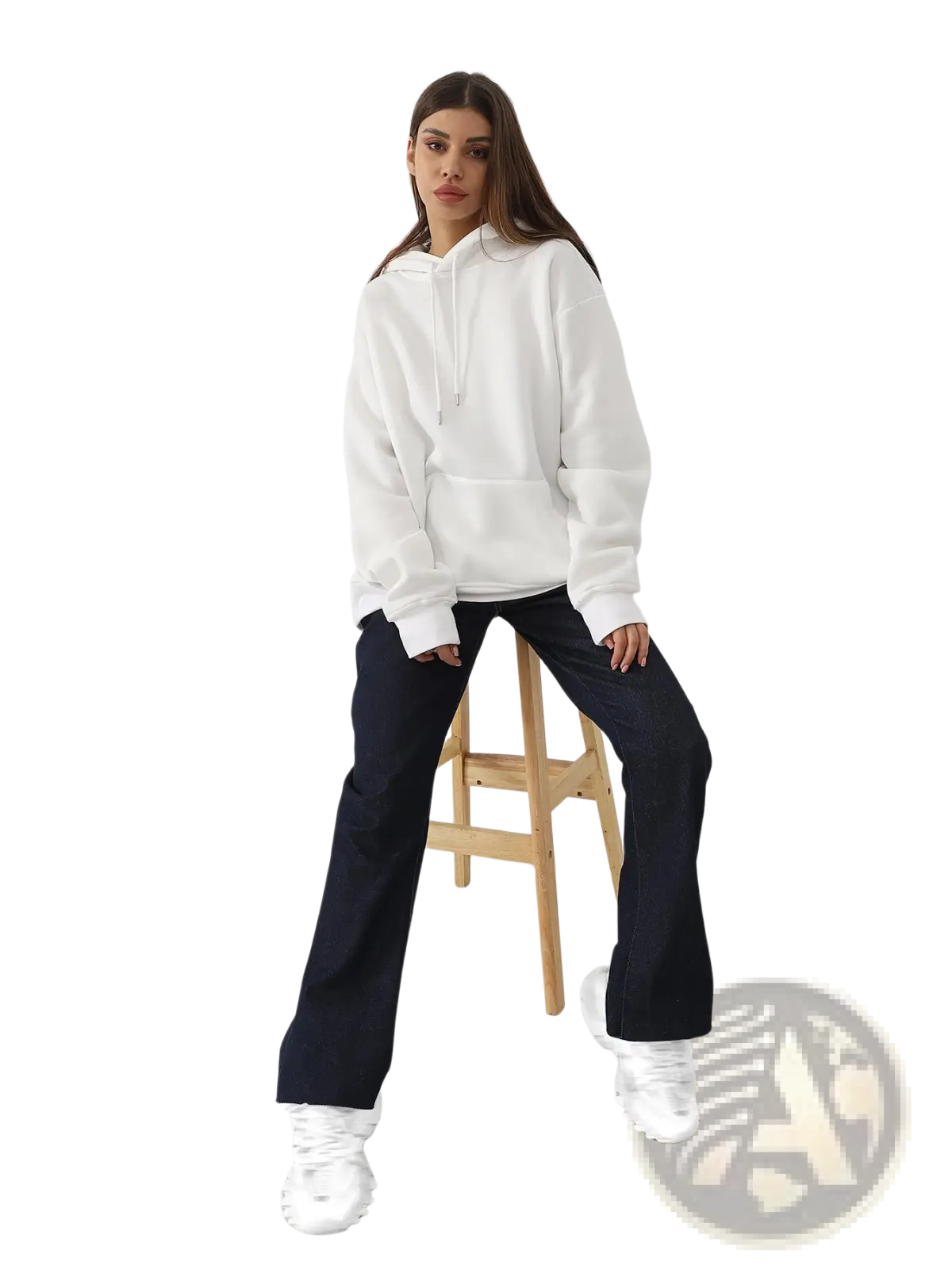 White oversized cotton hoodie for women featuring a drawstring hood and front pocket in graphic print art style