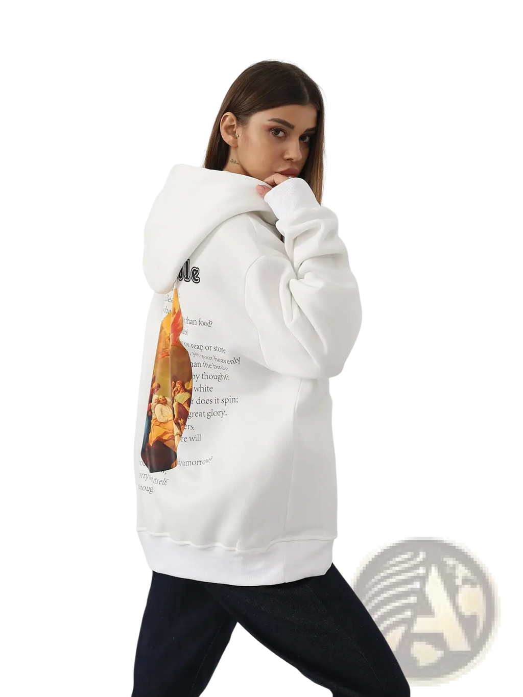 Back side of white women’s oversized hoodie with graphic print featuring text and warm-toned figure illustration