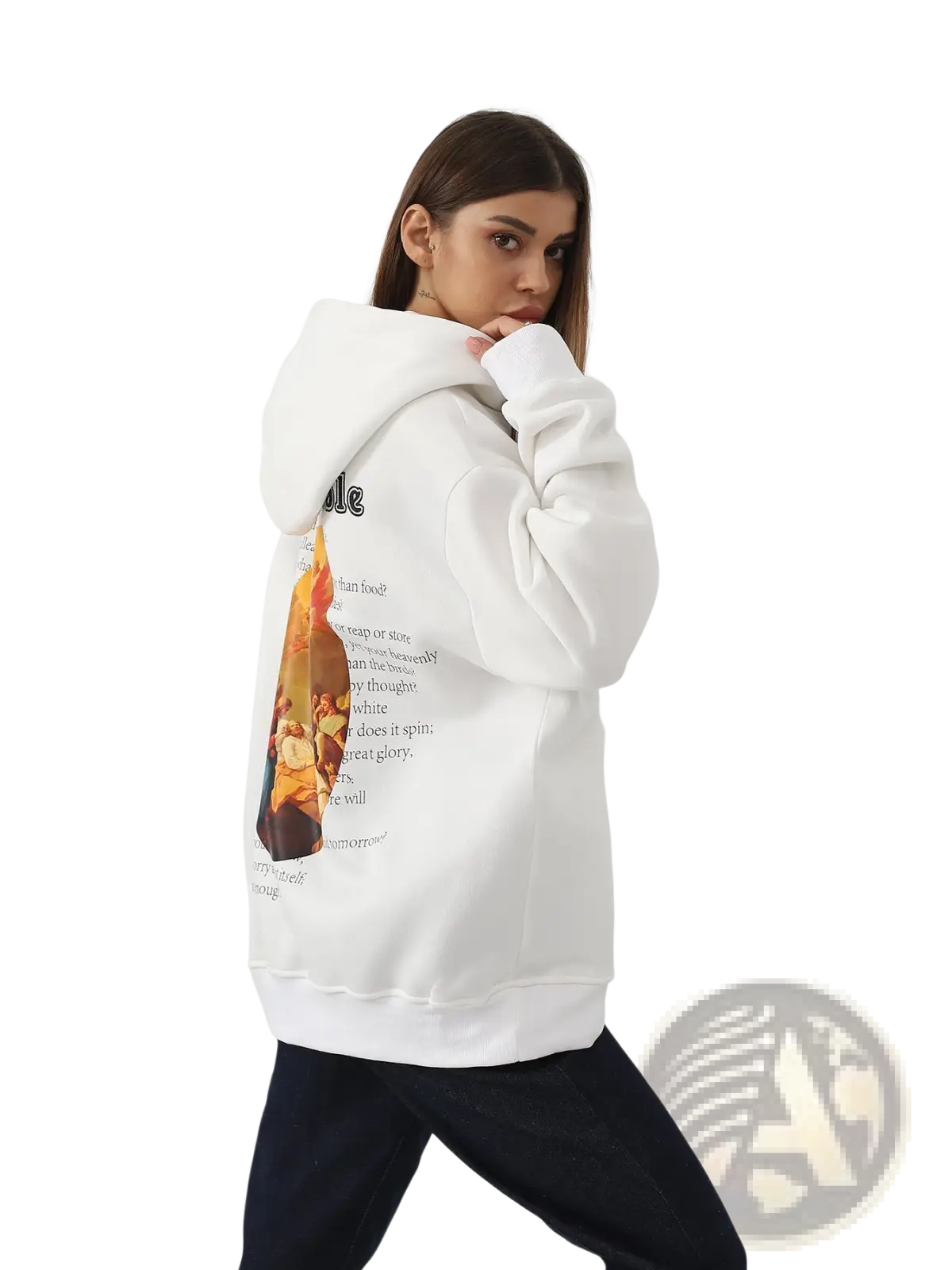 Back side of white women’s oversized hoodie with graphic print featuring text and warm-toned figure illustration