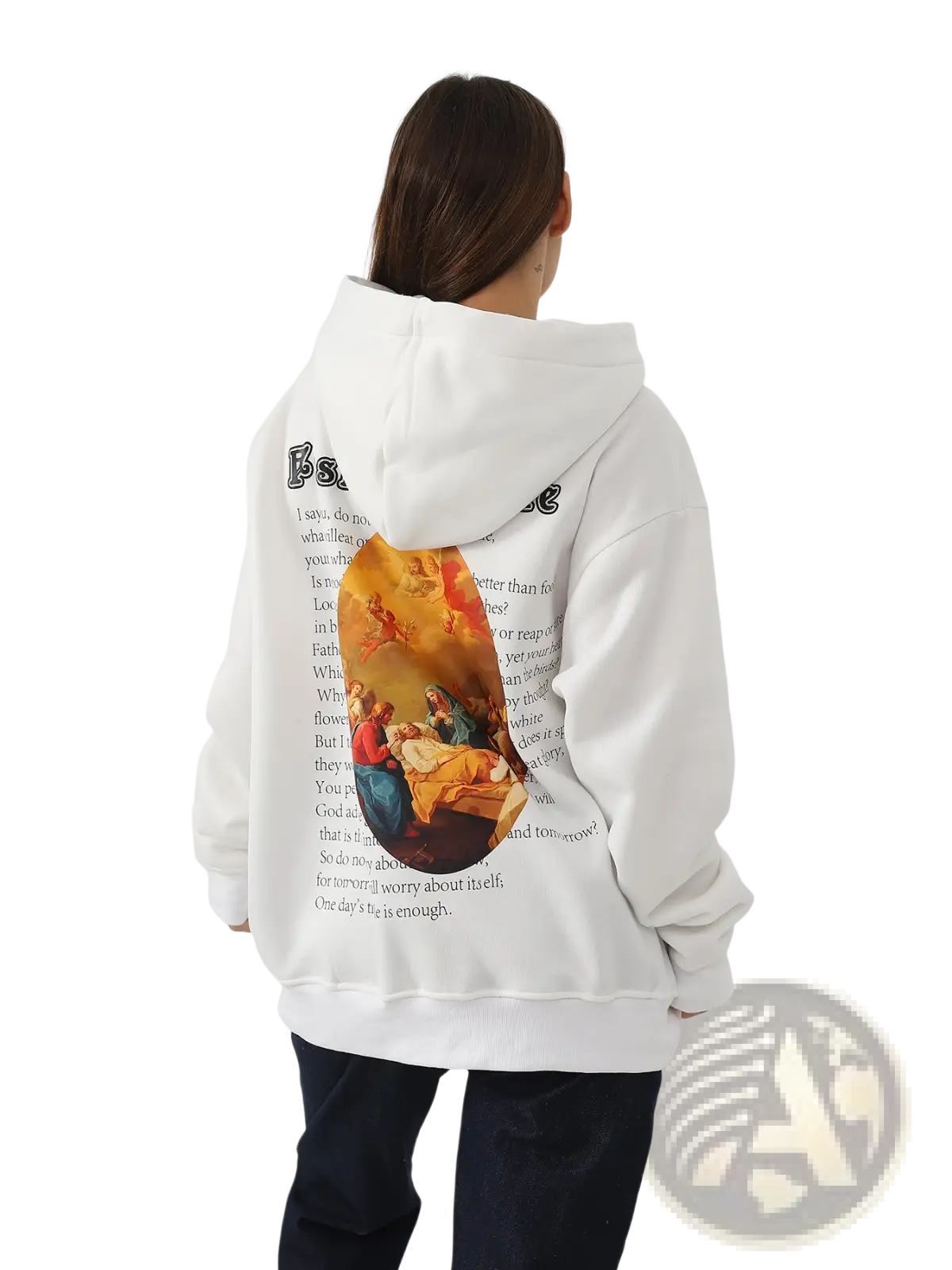 White oversized women’s hoodie made of soft fabric featuring a vibrant religious painting print on the back with text