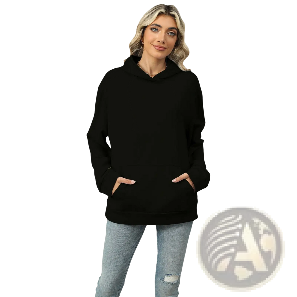 Women’s oversized black heather fleece hoodie with relaxed fit and front pockets for casual comfort