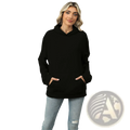Women’s oversized black heather fleece hoodie with relaxed fit and front pockets for casual comfort