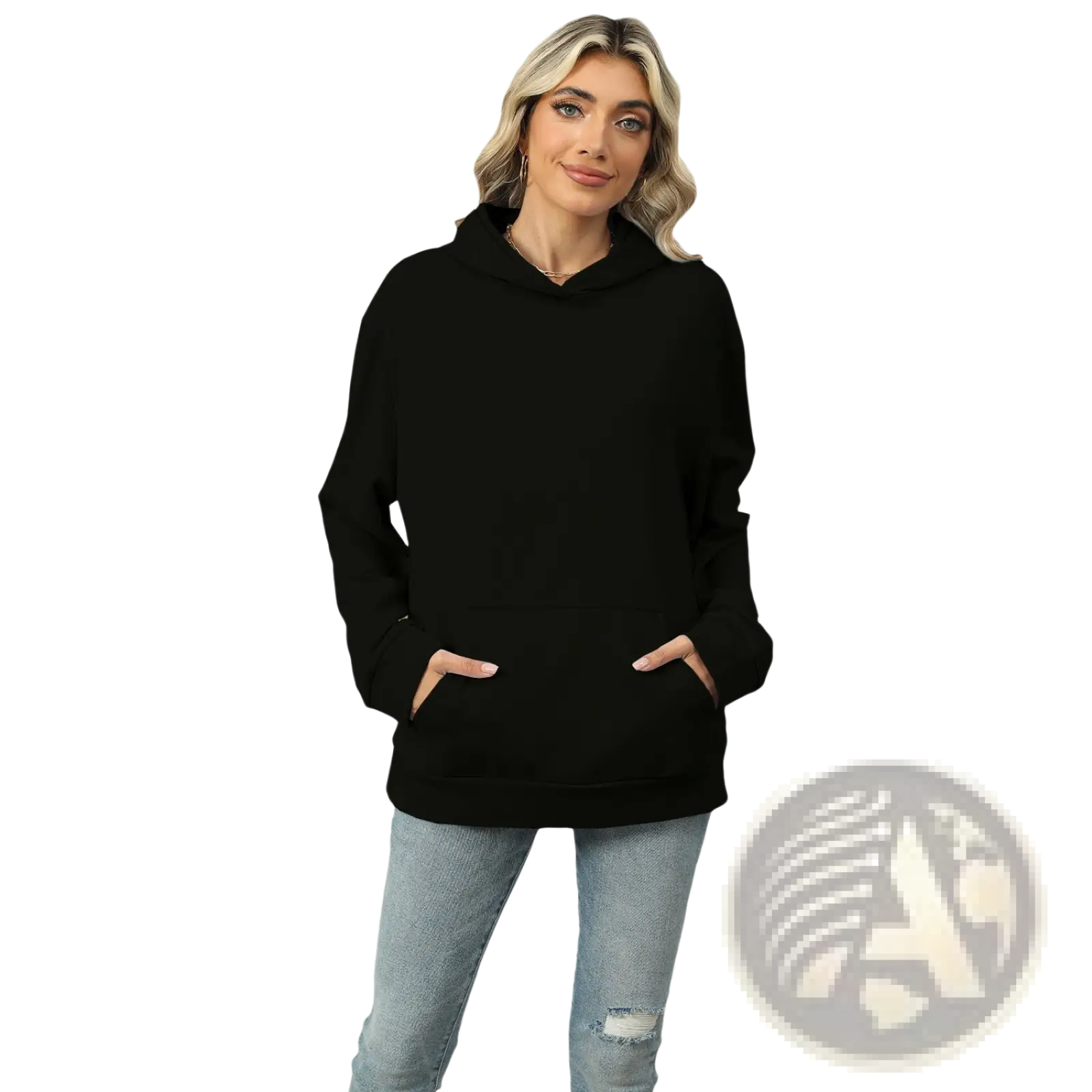 Women’s oversized black heather fleece hoodie with relaxed fit and front pockets for casual comfort
