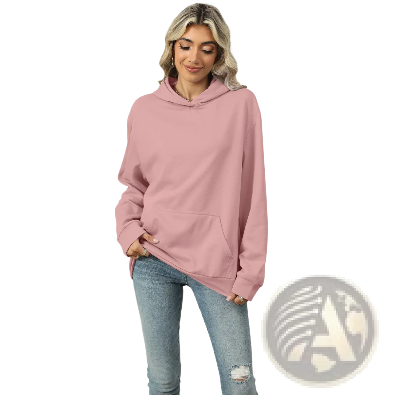 A soft pink women’s oversized heather fleece pocket hoodie with front pocket and ribbed cuffs