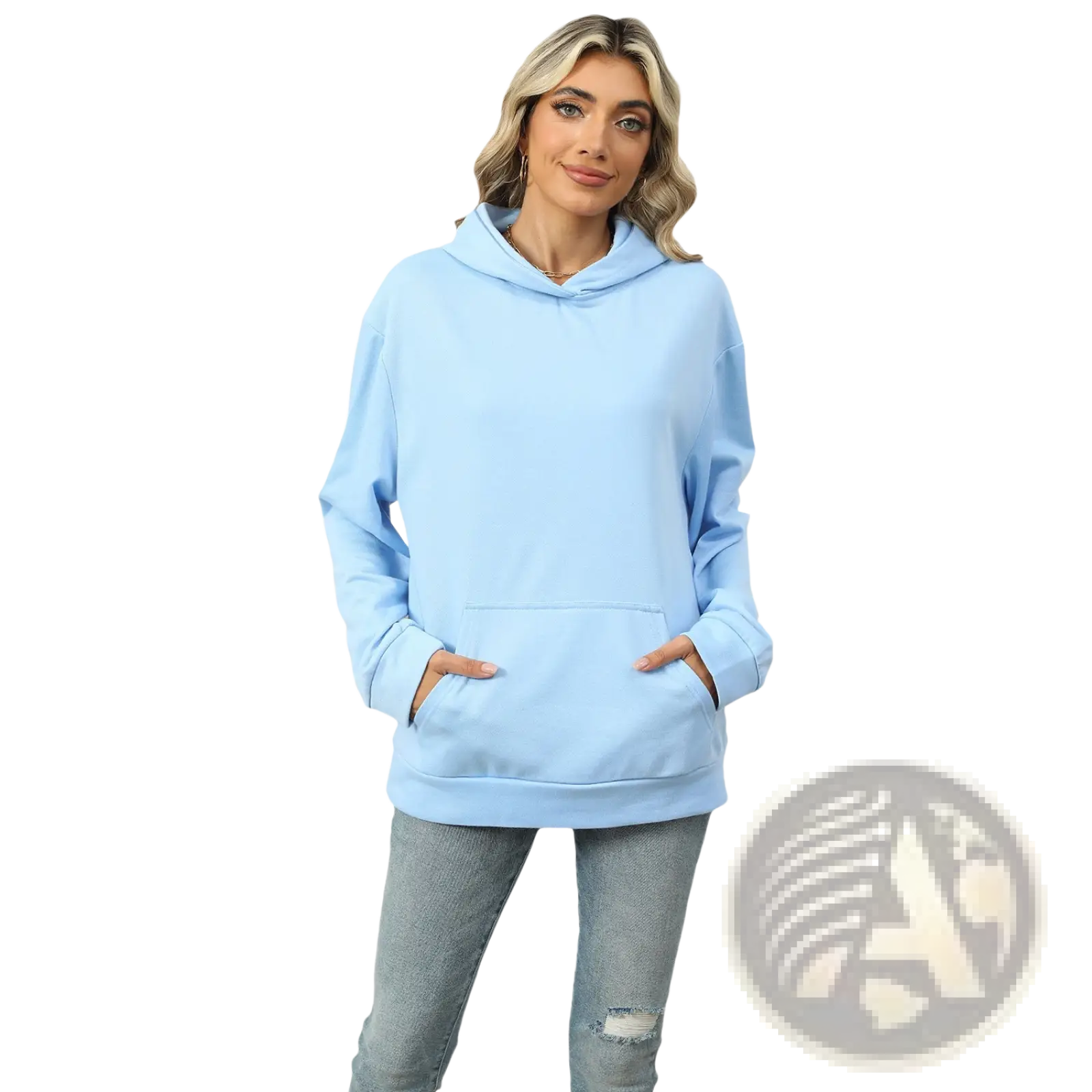 Women’s oversized heather fleece pocket hoodie in light blue with front pockets and hood for casual wear