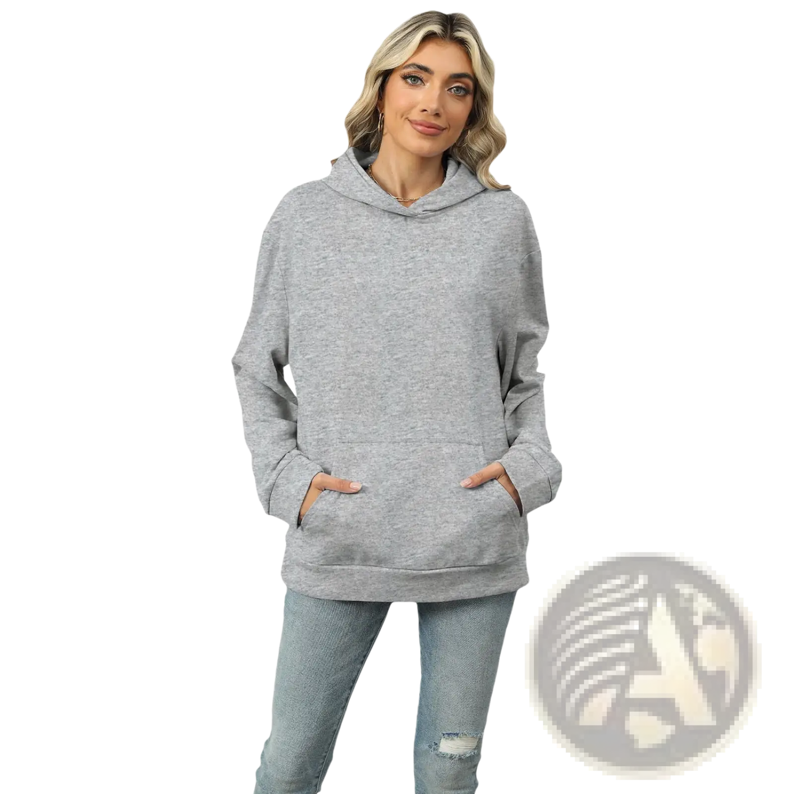 Women’s oversized heather fleece pocket hoodie in soft gray with long sleeves and front pockets