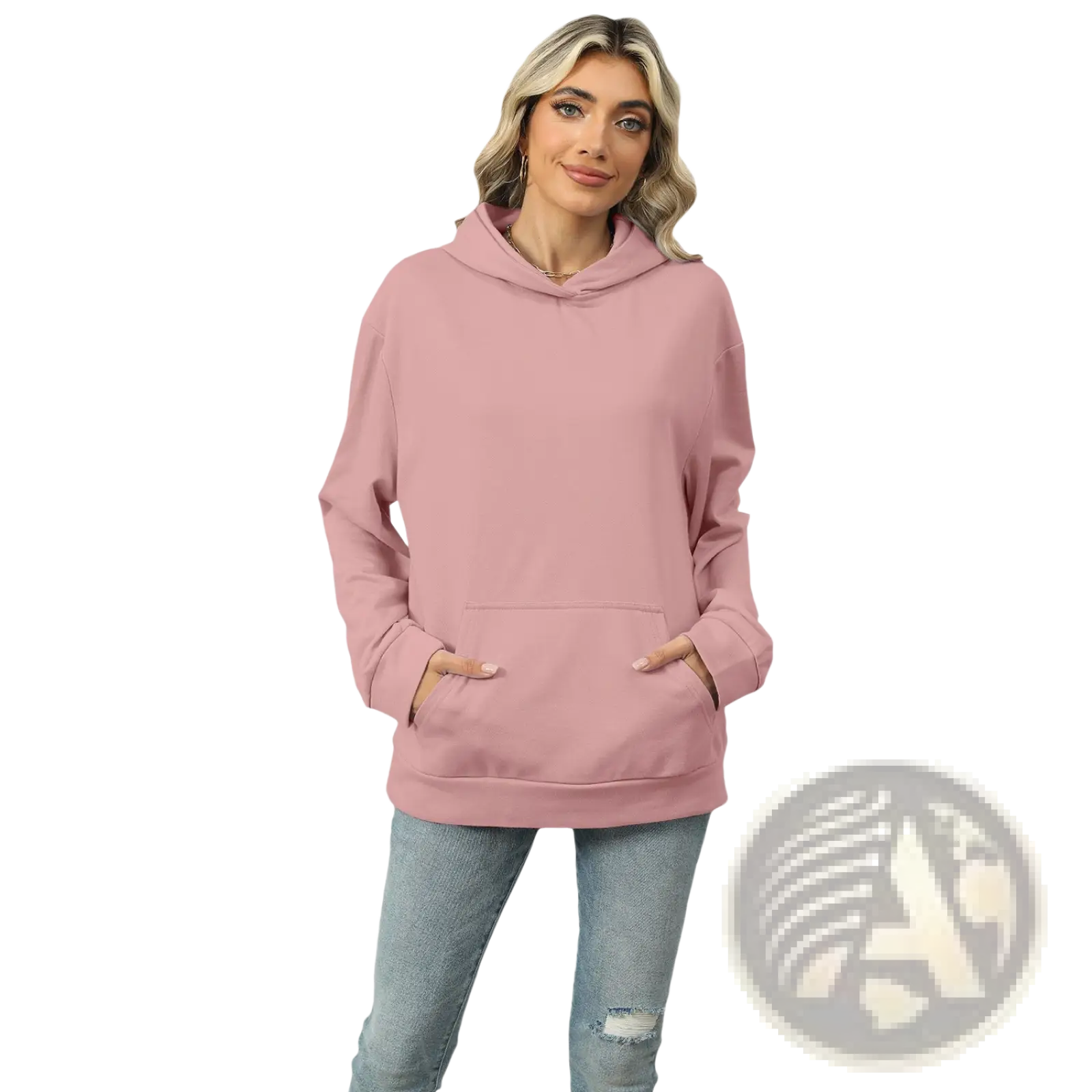 Women’s oversized heather fleece pocket hoodie in soft pink with long sleeves front pocket and drawstring hood