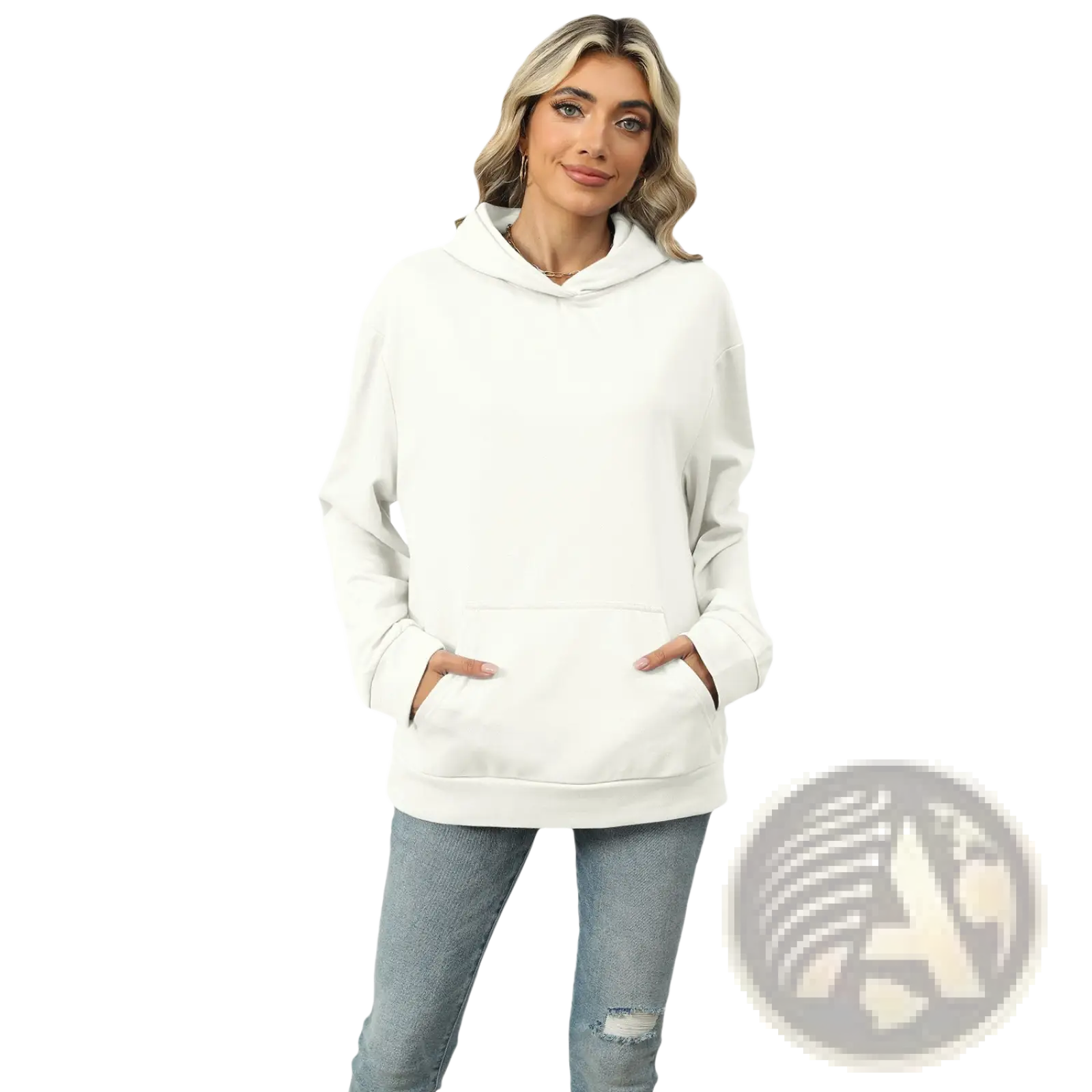 Women’s oversized heather fleece pocket hoodie in soft off-white with relaxed fit and front pockets