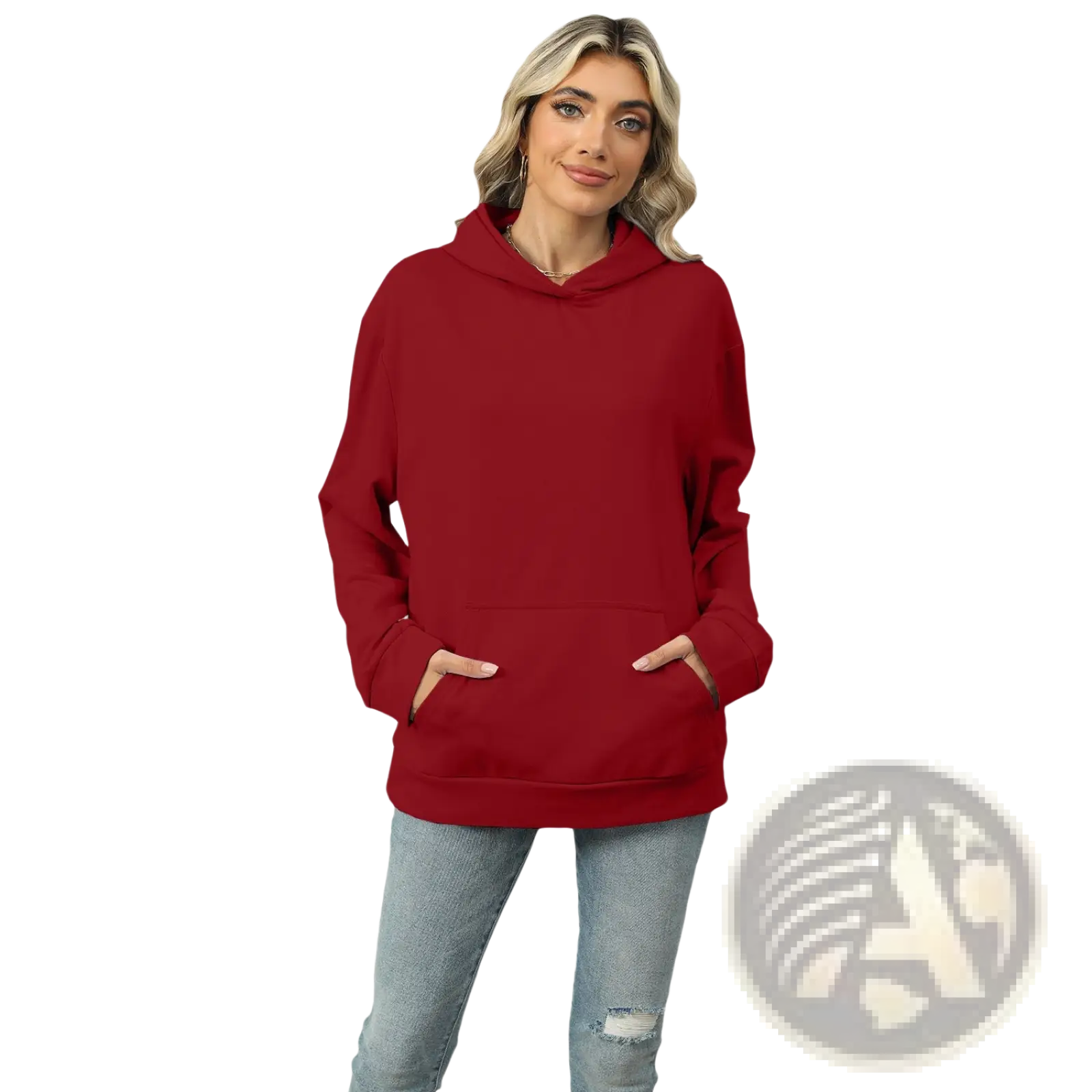 Women’s oversized red solid fleece hoodie with long sleeves front pocket and hood for casual wear