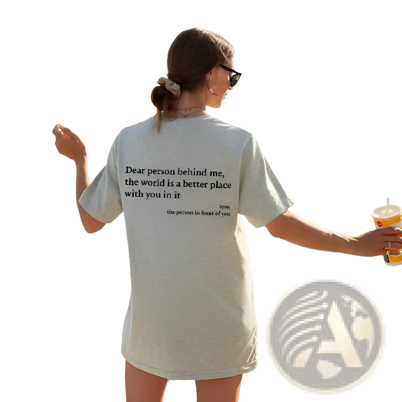 Women’s oversized light gray cotton t-shirt featuring black slogan print on the back side