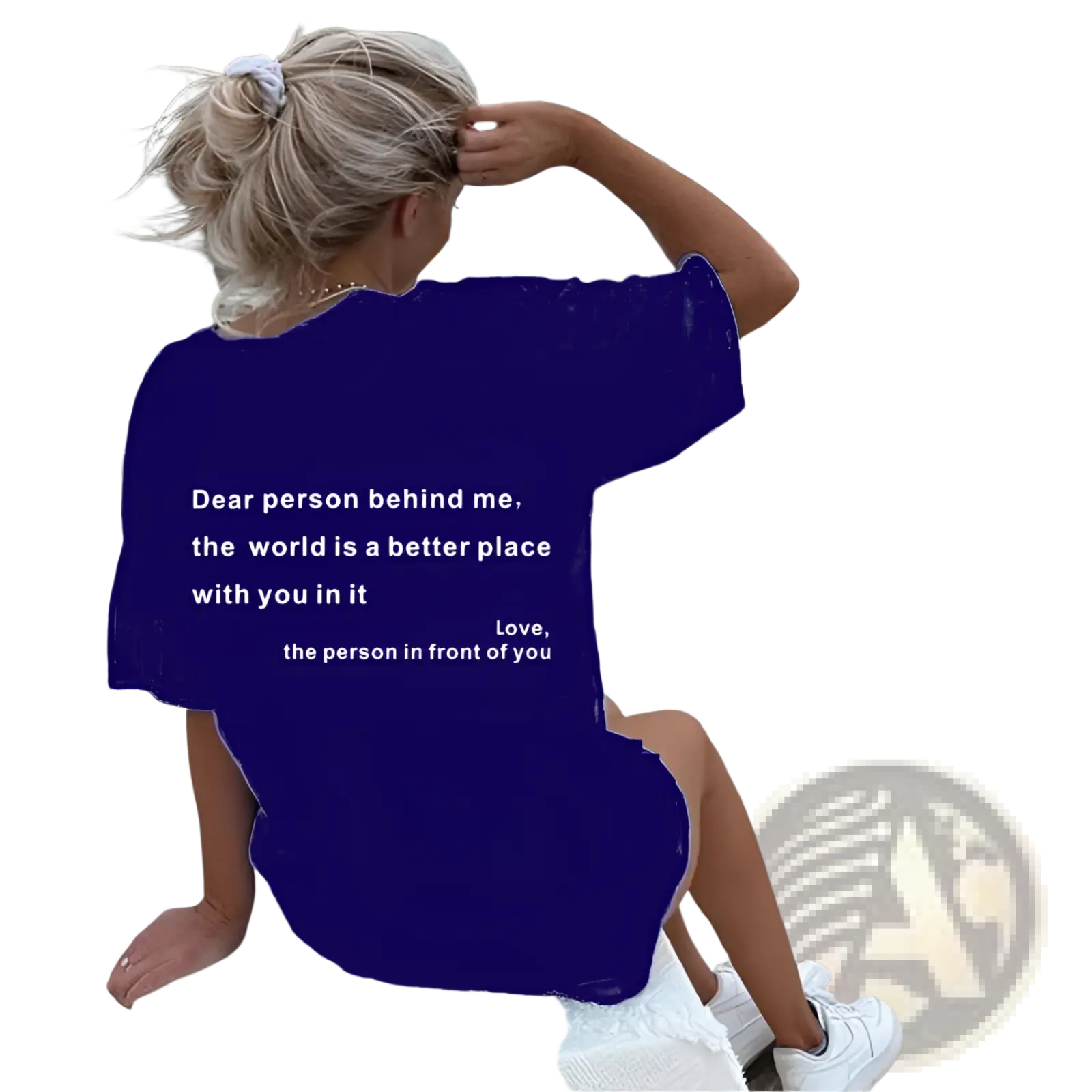 Navy blue women’s oversized short-sleeved t-shirt with white slogan print on the back promoting positivity