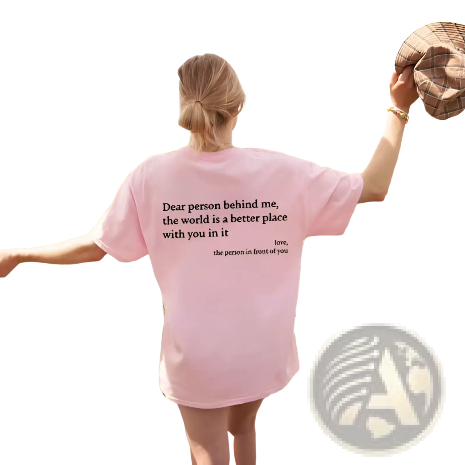 Back view of women’s pink oversized cotton t-shirt with black slogan print perfect for casual wear